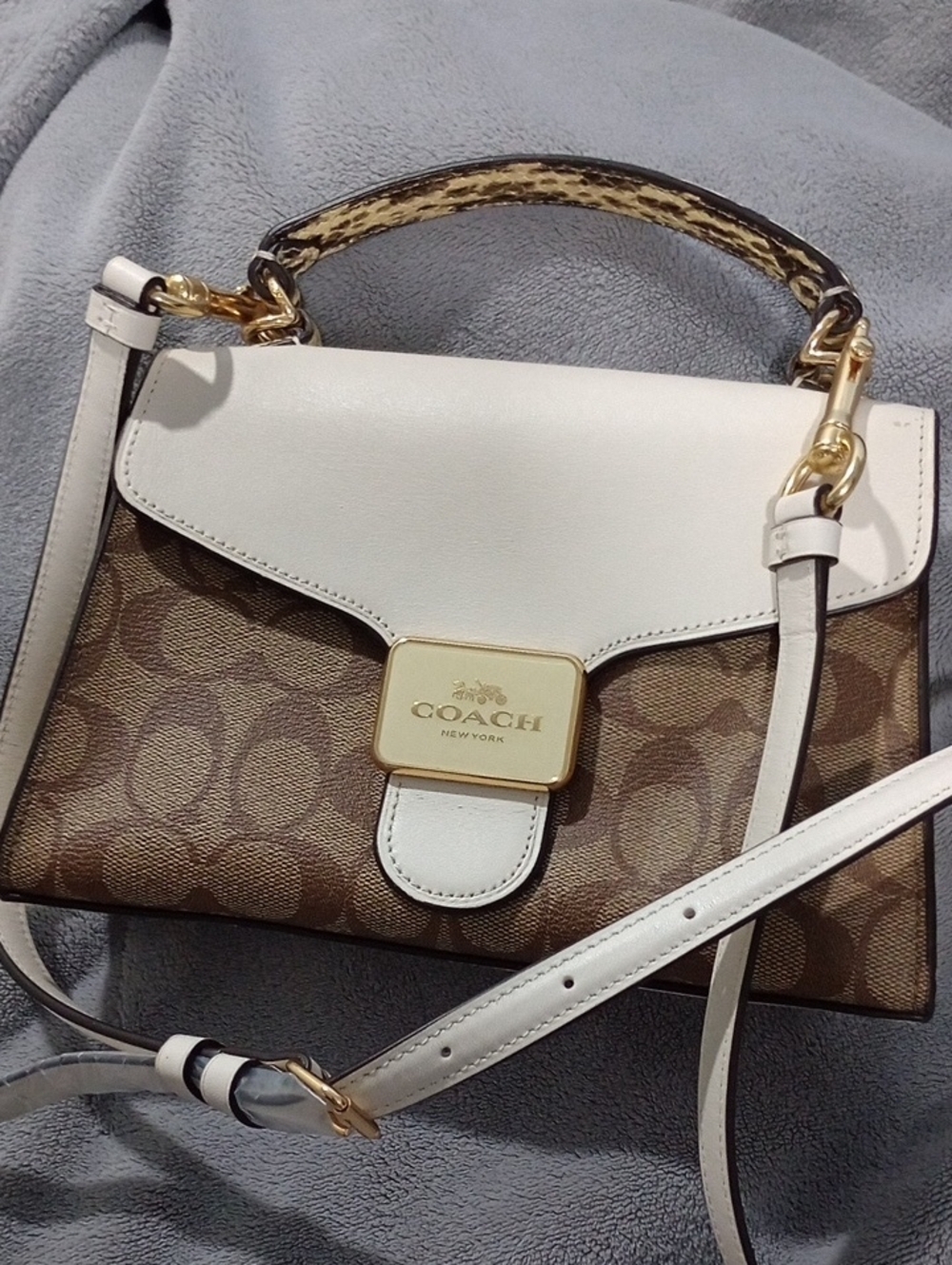 NWOT Coach Brown Pepper Signature Satchel with White Leather Trim